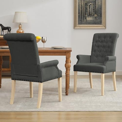 LOULENS Linen Dining Chair with Arms, Tufted Dining Room Chairs, Dark Grey | Solid Wood Legs, Nailhead Trim, Accent Chair, Kitchen Chair - color: Dark Grey-a, size: 1 PCS