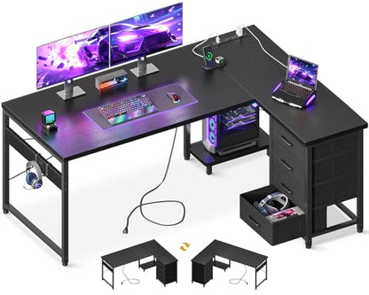 AODK 53" L Shaped Gaming Desk with 4 Drawers and Power Outlets, Black - color: Black, size: 53 Inch