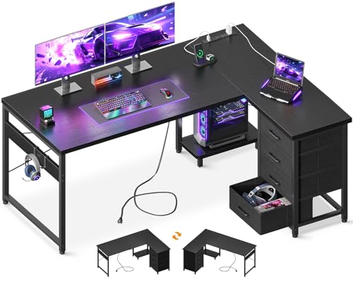 AODK 53" L Shaped Gaming Desk with 4 Drawers and Power Outlets, Black | USB Ports, PC Tower Stand, Hooks, Reversible Corner Layout for Gaming Rooms, Bedrooms and Home Office - color: Black, size: 53 Inch