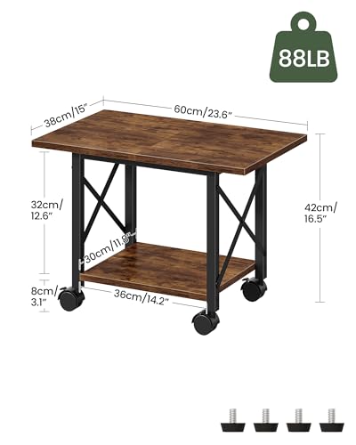 Printer Stand, 23.6" Under Desk Printer Table with Locking Wheels Adjustable Feet, 2-Tier Heavy Duty Printer Cart with Shelf, for Home Office, Living Room, Rustic Brown and Black TPS01BF - color: Rustic Brown