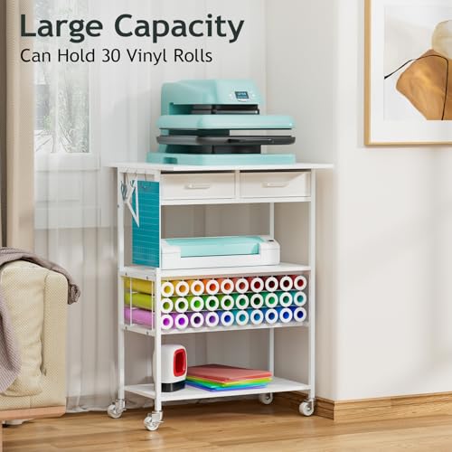 Homsorout Movable Heat Press Table with Drawer & Hooks, 23.6''×19.6'' - style: White