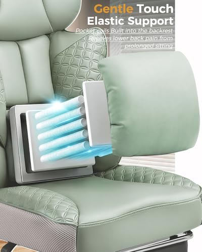 COMHOMA Big and Tall Office Chair Heavy Duty Gaming Chair with Deluxe Embossing Leather High Back Wider Ergonomic Computer Chair with Foot Rest 145°Reclining Pocket Spring Lumbar Support - color: Sage Green