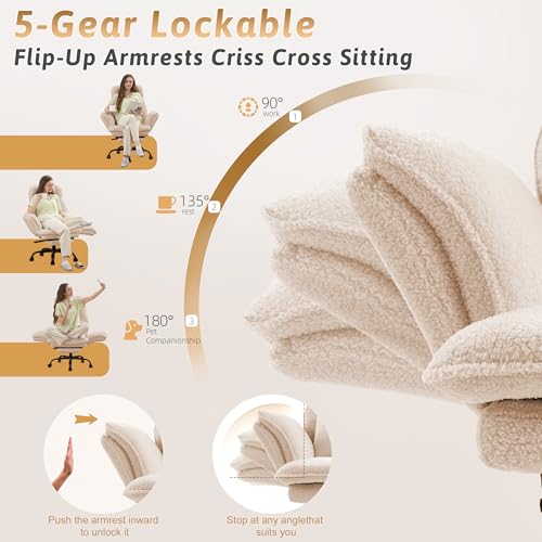 Wider Seat Office Chair with Flip Armrests for Criss Cross Legged&Cats, Big and Tall Executive Ergonomic Reclining Chair with Footrest&Lumbar Pillow, Teddy Fleece Desk Chair,Beige Vanity Chair - color: Beige