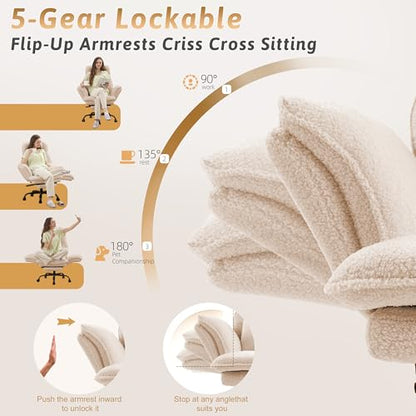 Wider Seat Office Chair with Flip Armrests for Criss Cross Legged&Cats, Big and Tall Executive Ergonomic Reclining Chair with Footrest&Lumbar Pillow, Teddy Fleece Desk Chair,Beige Vanity Chair - color: Beige
