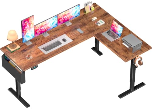 Furologee 63 Inch L Shaped Electric Standing Desk, Height Adjustable Sit to Stand Corner Desk with 2 Memory Presets, Reversible Computer Table for Home Office, Work, Study, Gaming, Rustic Brown - color: Rustic Brown