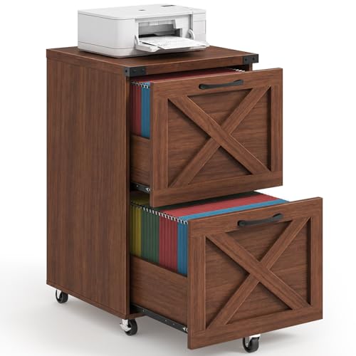 Halitaa Farmhouse 2 Drawer Small File Cabinet with Wheels, Walnut | Vertical Filing Cabinet Fits A4 or Letter Size, Wooden Printer Stand, Under Desk Rolling File Cabinet for Home Office - color: Walnut