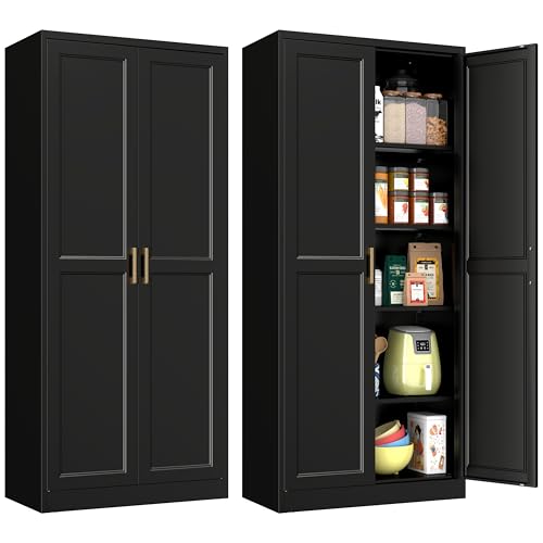 Polup Pantry Cabinet, 71" Tall Metal Storage Cabinet with Doors and Shelves | Black Kitchen Cabinet, 5-Tier Heavy Duty Steel Cupboard, 4 Adjustable Shelving, Gold Handles, for Dining Room Garage, Laundry - color: Black, size: 71"H with No Drawers