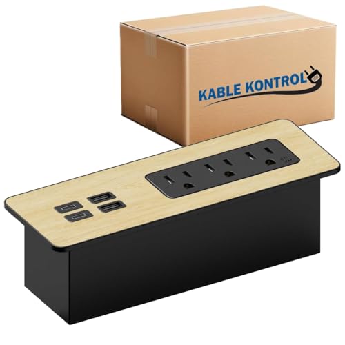 Kable Kontrol Recessed Power Strip Kit with Fast Charging 2 PD65W USB-C Ports, 2 USB-A Ports, 3 Power Desk Outlets, Replaceable Wooden Finish Panel Plate Flush Mount Charging Station Grommet - 20 Pcs - color: Black With Wooden Finish Plate, size: 20