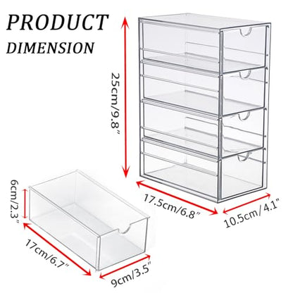 Hipiwe Plastic Drawer Organizer Clear Storage Box with 4 Pull Out Drawer | Drawers Box for Bathroom, Dresser, Cosmetic Hair Tie Container for Women - size: 4-Drawers, 6.8"Lx4.1"Wx9.8"H