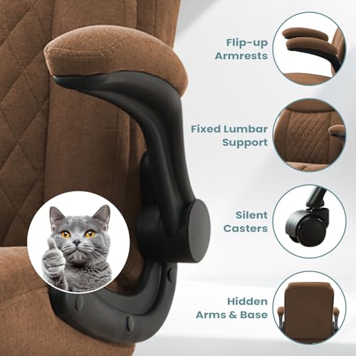 MAHOMICO Drafting Chair for Standing Desk – Tall Office Chair with Adjustable Height & Foot Ring, Flip-Up Arms, Lumbar Support – Comfortable Fabric Seat, Ideal Home Desk Chair - color: Brown