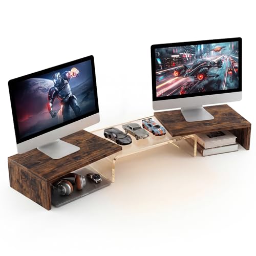 Dual Monitor Riser, Acrylic Monitor Riser, Adjustable Angle & Length Computer Monitor Stand, Wide Desk Shelf for Top of Desk for Home Office_Wood Look Small - color: Wood, size: 36 in