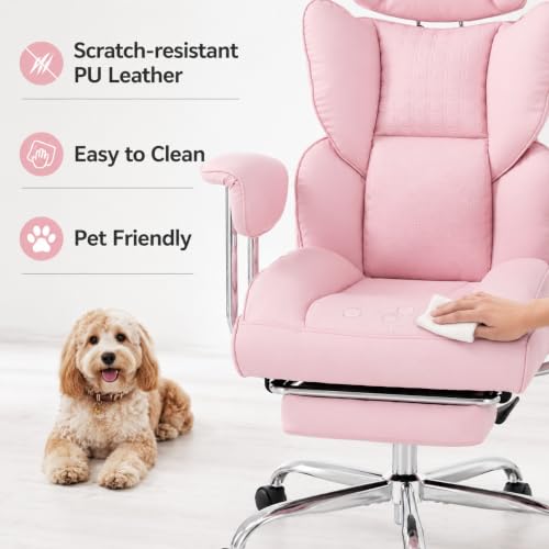 Big and Tall Office Chair, Ergonomic Executive Desk Chair with Footrest and Lumbar Support, Heavy Duty PU Leather Reclining Computer Chair with Extra Wide Seat for Home Office, Pink - color: Pink
