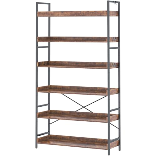 HCHQHS Bookshelf, Adjustable Industrial Bookcase, Vertical Tall Book Shelf, Wood and Black Metal Open Bookshelves for Home Office, Living Room, Bedroom (Rustic Brown, 6-Tier (31" W x 70" H)) - color: Rustic Brown, size: 6-Tier (31"W x 70"H)
