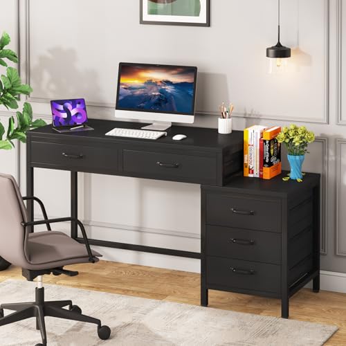 Tribesigns Computer Desk with 5 Drawers, Reversible Home Office Desks | Small Desk with Drawer Cabinet Printer Stand, PC Desk with Storage, Black Study Writing Table Workstation for Small Spaces - color: Black