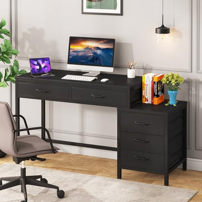 Tribesigns Computer Desk with 5 Drawers, Reversible Home Office Desks - color: Black