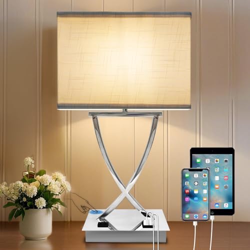 OYedis 3-Way Touch Dimmable Bedside Lamp 21.38" with USB-C & AC Outlet - color: White-Chrome