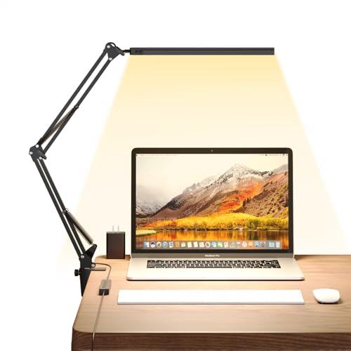 Upgrade Swing Arm LED Desk Lamp with Clamp, 80 LED Beads, 5 Color Modes & 11 Brightness Levels, 360° Adjustable Arm, Eye-Caring Light CRI95, Timer & Memory Function, for Office, Study, Crafting - color: Clip-Black