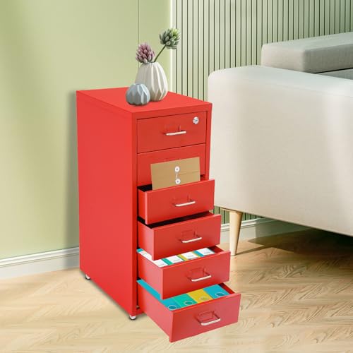 6 Drawers Mobile File Cabinet Rolling Vertical Filing Cabinet Under Desk Storage Organization 16" D x 11" W x 27" H (Red) - color: Red