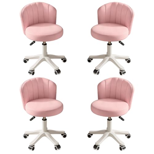 Small Round Rolling Desk Chair Armless Comfy Vanity Computer Chair with Low Backrest PU Leather Height Adjustable Swivel Work Spa Chair - color: Pink, style: Set of 4 with backrest