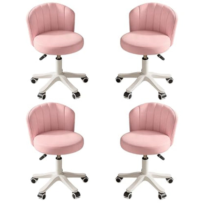 Small Round Rolling Desk Chair Armless Comfy Vanity Computer Chair with Low Backrest PU Leather Height Adjustable Swivel Work Spa Chair - color: Pink, style: Set of 4 with backrest