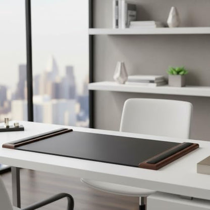 Walnut & Black Leather 34" x 20" Side-Rail Desk Pad - color: Walnut & Black, size: 34" x 20"