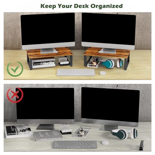 Wood Monitor Stand Riser, 2 Pack Desktop Laptop Riser for Dual Monitors & Printer, Engineered Wood Ergonomic Desktop Riser for Office PC Laptop, Rustic Brown