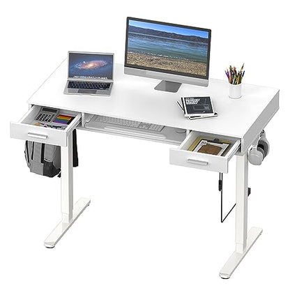 SHW 48-Inch Electric Height Adjustable Desk w/Keyboard Tray, White | w/ 2 Drawers | Memory Presets and Cable Management | Hanging Hooks - color: White