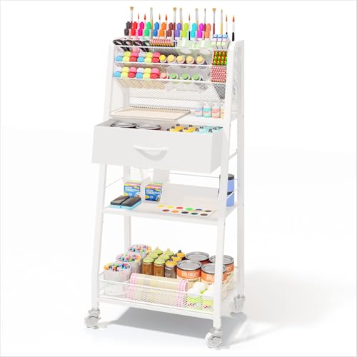 Homsorout 3 Tier Rolling Cart - Metal Utility Cart with Storage Drawer and Wheels, Versatile Art & Craft Organizer for Home, Office, or Studio - Ideal for Storing Brushes, Paints, and Supplies（White） - color: White