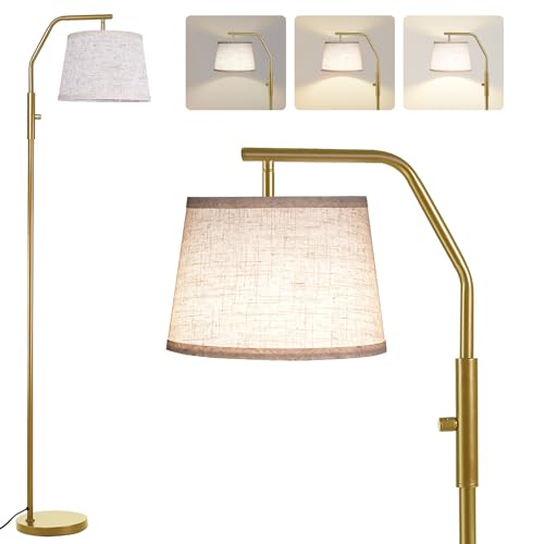 SUNMORY Floor Lamps for Living Room, 0-100% Dimmable Standing Lamp | 9W Bulb Included, 270°/90° Adjustable Rotating Lamp Head, Light-Diffusing Linen Shade, Modern Style for Bedroom, Office - color: Gold