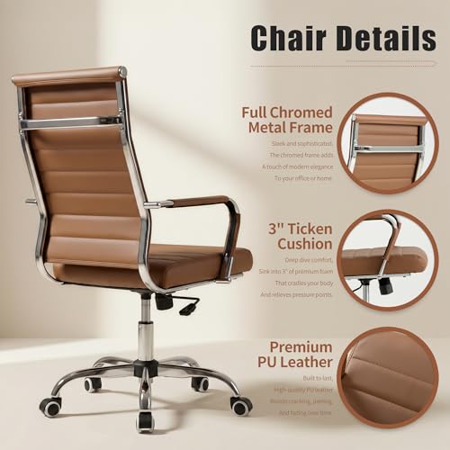 Okeysen Ergonomic Office Desk Chair, Ribbed Leather Modern Conference Room Chairs, Executive Adjustable Swivel Rolling Chair for Home & Office. - color: Ribbed Brown