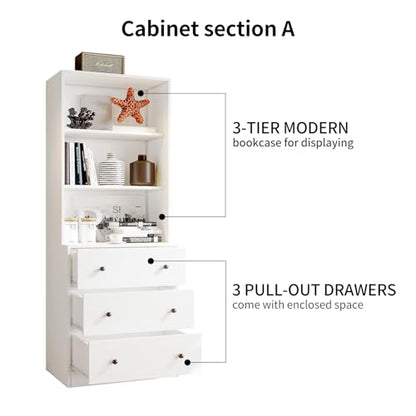 VOWNER Vertical File Cabinet, 3-Tier Modern Bookshelf with 3 Large Drawer, Wood Filing Cabinet with Open Storage Shelf, Glass Doors and Adjustable Shelves for Home Office, White (A)