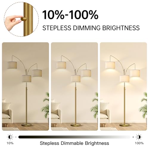 Dimmable Floor Lamp, 3 Lights Brass Arc Floor Lamp, Modern Tall Standing Tree Lamp with Beige Linen Shades & Heavy Base, 3000LM LED Bulbs, Bright Lighting for Living Room, Bedroom, Office & Reading - color: Brass-White Shade