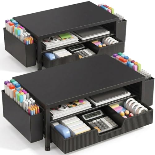 ECOLOVI Desk Organizer and Accessories, 2-Tier Computer Monitor Stand Rise with Storage Drawer & 2 Pen Holders, Laptop & Printer Stand for Desktop, Workspace Organizers for Office Supplies (Black 2-Pack)) - color: Black 2-Pack