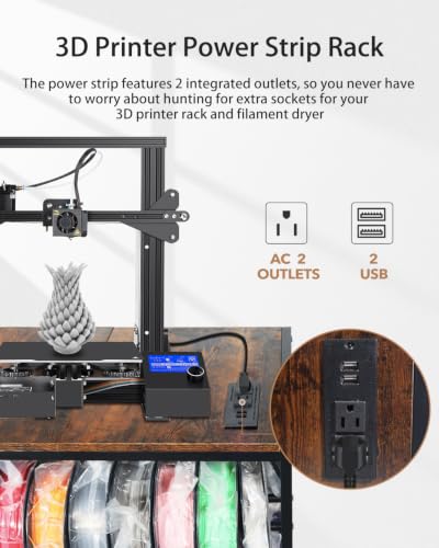 3D Printer Stand with Filament Storage, Heavy Duty Rolling Printer Cart on Wheels with Built-in Power Outlet, Small 3D Printer Table for Organizer Filament Spools, Workshop Office Garage Studios,Brown