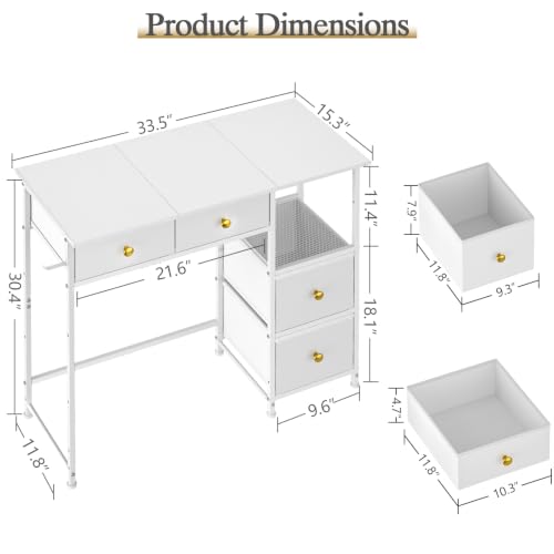 3IngSeagulls Small Computer Desk with 4 Fabric Drawers, Simple Writing Desk for Home Office, Compact Study Desks for Small Spaces, Kids Desk Study for Bedroom, White - color: White