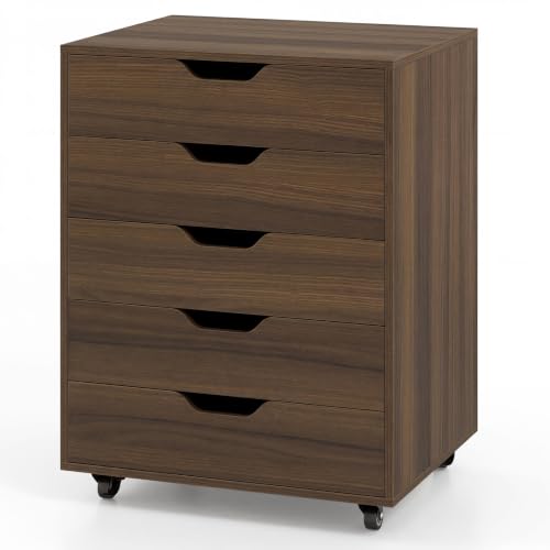 Giantex 5-Drawer Vertical File Cabinet, Mobile Office Storage Cabinet with Drawers, Large Capacity, 2 Lockable Casters and Universal Wheels, Under Desk Side Printer Stand Rolling File Cabinet (Walnut) - color: Walnut