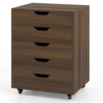 Giantex 5-Drawer Vertical File Cabinet, Mobile Office Storage Cabinet with Drawers, Large Capacity, 2 Lockable Casters and Universal Wheels, Under Desk Side Printer Stand Rolling File Cabinet (Walnut) - color: Walnut