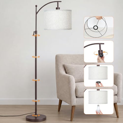 JUNNAI Modern Brown Floor Lamp Adjustable Height 55-63in 3 CCT 9W LED Bulb - color: Brown+Beige Shade-Arc