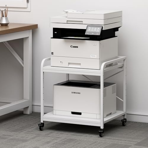 Fannova Large Printer Stand for Under Desk Storage, Adjustable Top Shelf | Table Top 20"x20", Fits 3D/Laser Printer, Easy Roll Industrial Wheels, Heavy Duty 2 Tier Printer Cart for Home Office, White - color: White