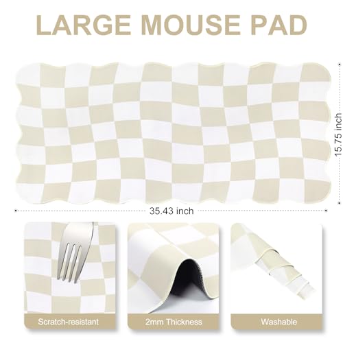 L-SPOUTTO Beige Checkered Mouse Pad,Scalloped Desk Mat XXL Gaming Mousepad | Geometric Large 35.4x15.7in Non-Slip Rubber Base Keyboard Pad Waterproof Desktop Mat for Laptop Computer Game Home Office - color: Beige Checkered
