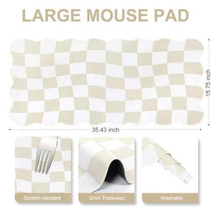 L-SPOUTTO Beige Checkered Mouse Pad,Scalloped Desk Mat XXL Gaming Mousepad | Geometric Large 35.4x15.7in Non-Slip Rubber Base Keyboard Pad Waterproof Desktop Mat for Laptop Computer Game Home Office - color: Beige Checkered