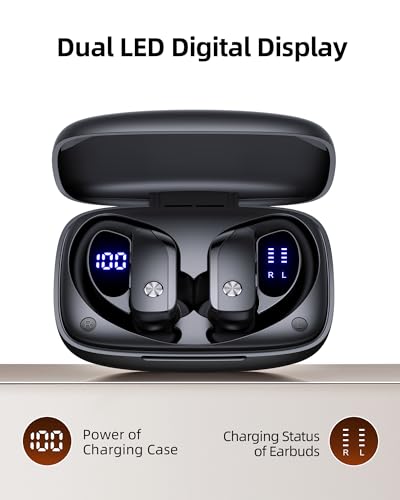 Wireless Earbuds Bluetooth Headphones Over Ear Hooks Ear Buds with 80H Playtime, LED Power Display, Dual Mic Clear Calls, Sports Wireless Ear Buds Bluetooth Earbuds for Running Gym Workout (Black)