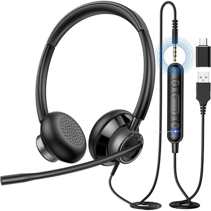 New Bee USB Headset with Microphone for PC Laptop Mute Control | Laptop, Skype, Zoom, Call Center, Meetings, Webinar, Home