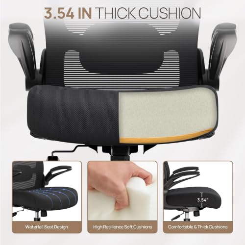 Ergonomic Office Chair w/Adjustable Lumbar, Flip Armrest, 135° Recline - color: Black-black Frame