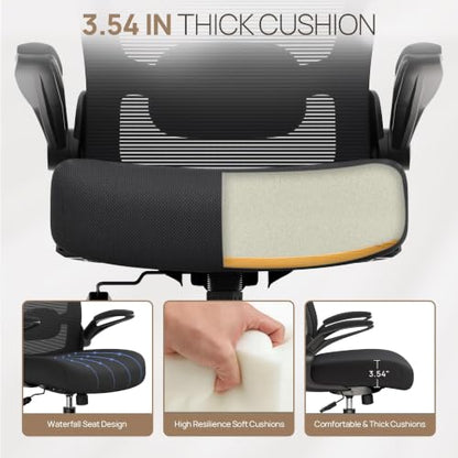 Ergonomic Office Chair w/Adjustable Lumbar, Flip Armrest, 135° Recline - color: Black-black Frame