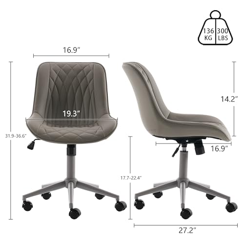 YOUNIKE Faux Leather Office Desk Chair Comfy Vanity Chair Armless Grey | Ergonomic Upholstered Rocking Back, Swivel with Wheels, Height Adjustable, Modern Task Chair For Computer Sewing Drafting - color: All Grey