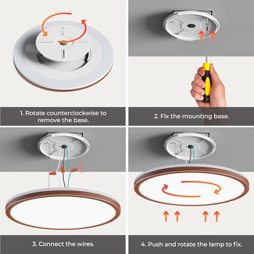 Matane 12in Flush Mount Ceiling Light Fixture with Remote Control, Nightlight 2000K Warm, 3000K-6500K Adjustable, Wired Low Profile Ceiling Lights for Bedroom, Kitchen, Living Room Walnut - color: Walnut, size: 12 Inch