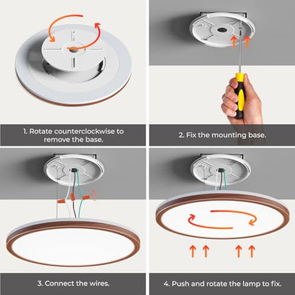 Matane 12in Flush Mount Ceiling Light Fixture with Remote Control, Nightlight 2000K Warm, 3000K-6500K Adjustable, Wired Low Profile Ceiling Lights for Bedroom, Kitchen, Living Room Walnut - color: Walnut, size: 12 Inch