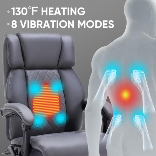 Massage Office Chair with Foot Rest & Heating, Ergonomic Reclining Leather Executive Desk Chair, Vibration Massager Big & Tall Gaming Computer Chair for Home Office, 6-Point Gray - color: Gray02