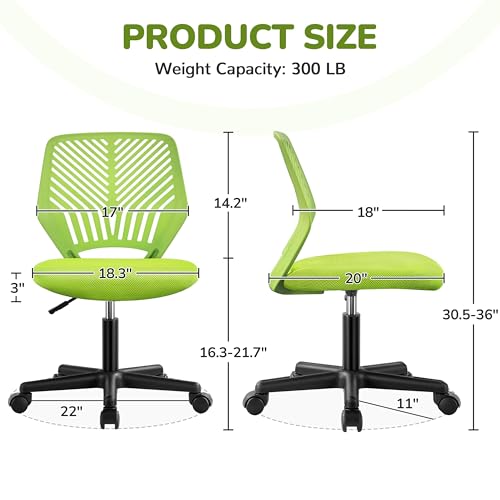 Yaheetech Small Desk Chair, Armless Adjustable Swivel Seat, Green | Padded mesh seat and ventilated resin back, compact armless frame rolls and adjusts for study and small desks, holds 300 lb. - color: Green